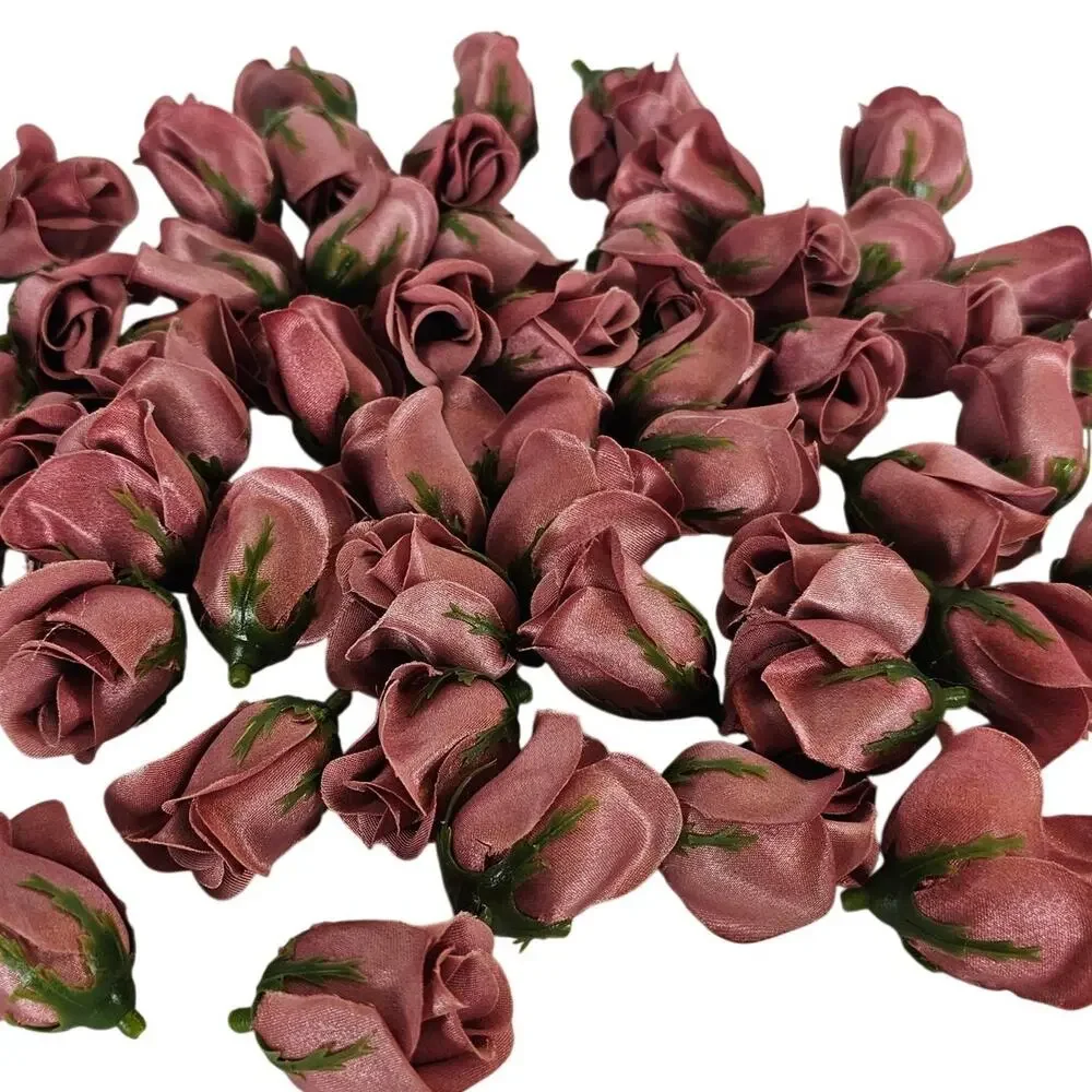 50 Mauve Pink Satin Rose Buds Stemless Wedding Floral Craft DIY 2 inch